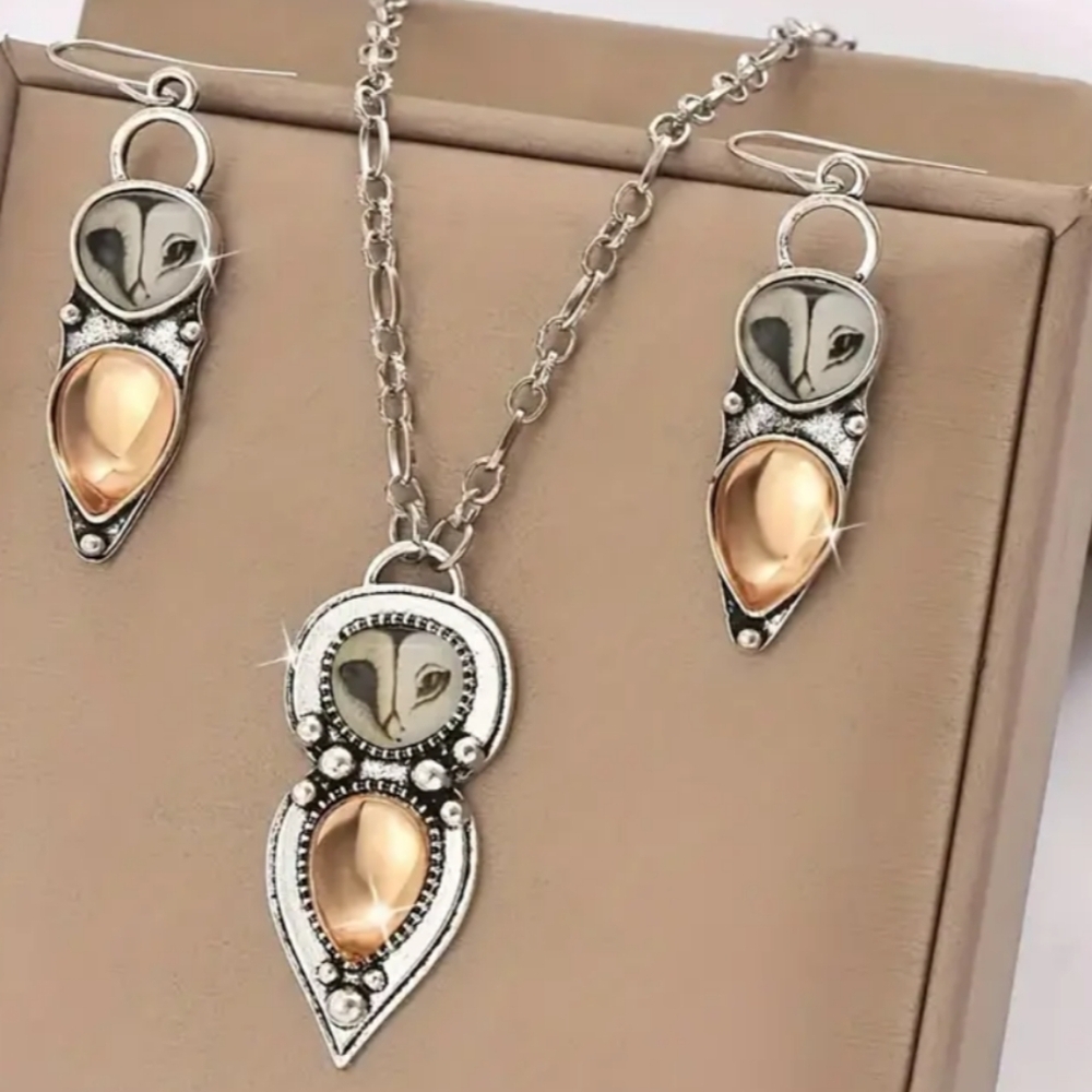 christmas gift Elegant Western Boho Silver Gold Owl Necklace Earring Set-(#0215)